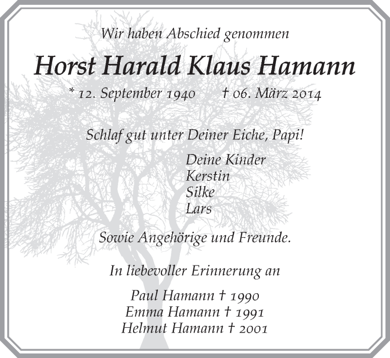  Traueranzeige für Horst Harald Klaus Hamann vom 22.03.2014 aus LZ