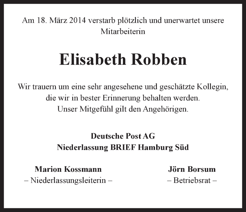  Traueranzeige für Elisabeth Robben vom 22.03.2014 aus LZ