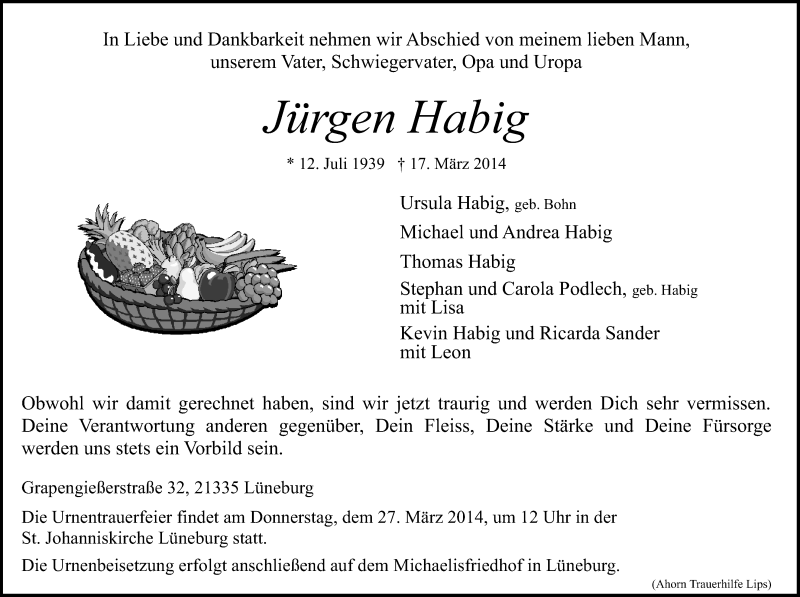  Traueranzeige für Jürgen Habig vom 22.03.2014 aus LZ