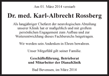 Anzeige von Karl-Albrecht Rossberg von LZ