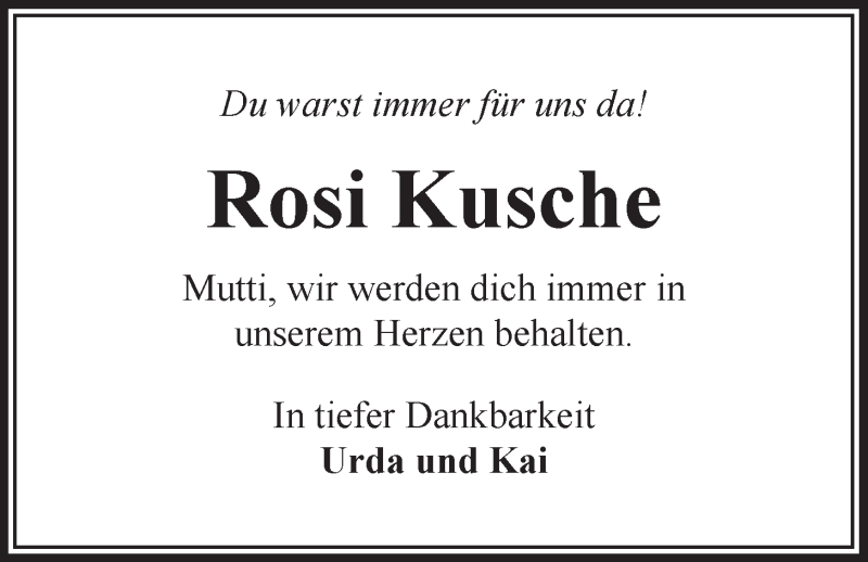  Traueranzeige für Rosemarie Kusche vom 24.03.2014 aus LZ