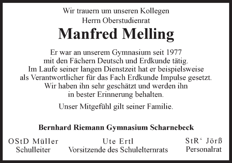  Traueranzeige für Manfred Werner Melling vom 29.03.2014 aus LZ
