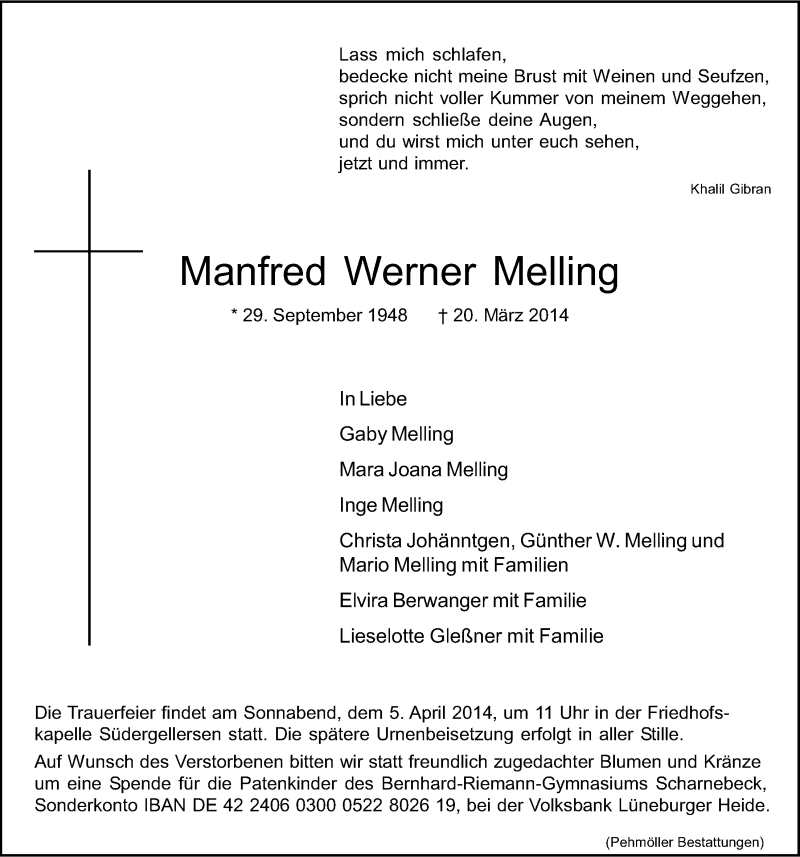  Traueranzeige für Manfred Werner Melling vom 29.03.2014 aus LZ