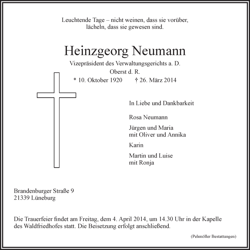  Traueranzeige für Heinzgeorg Neumann vom 01.04.2014 aus LZ
