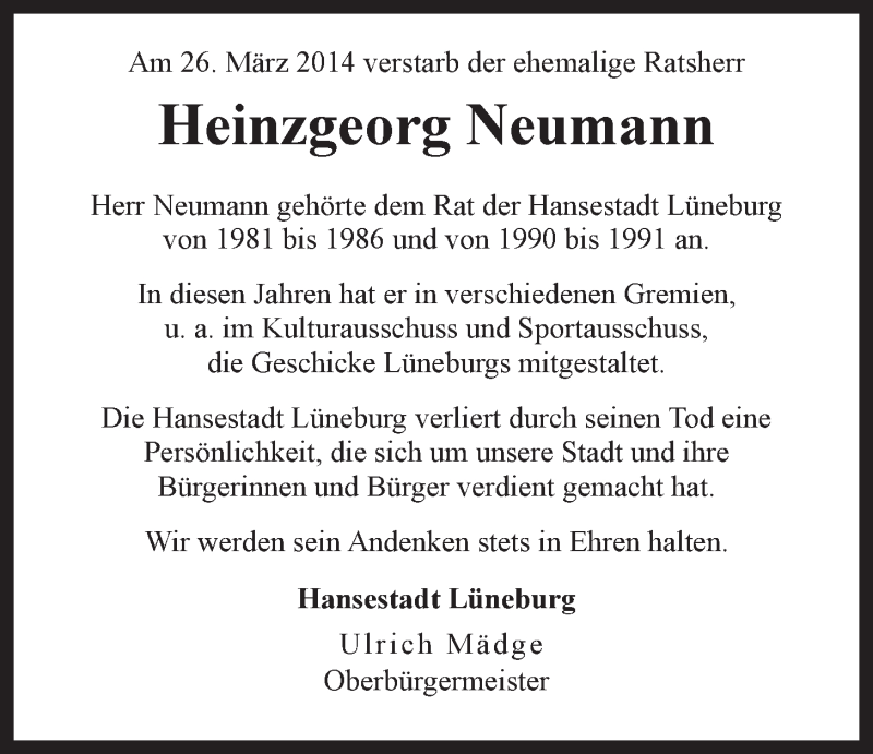  Traueranzeige für Heinzgeorg Neumann vom 04.04.2014 aus LZ