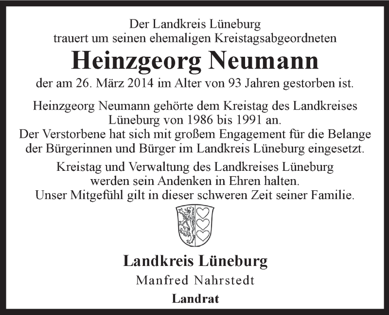  Traueranzeige für Heinzgeorg Neumann vom 04.04.2014 aus LZ
