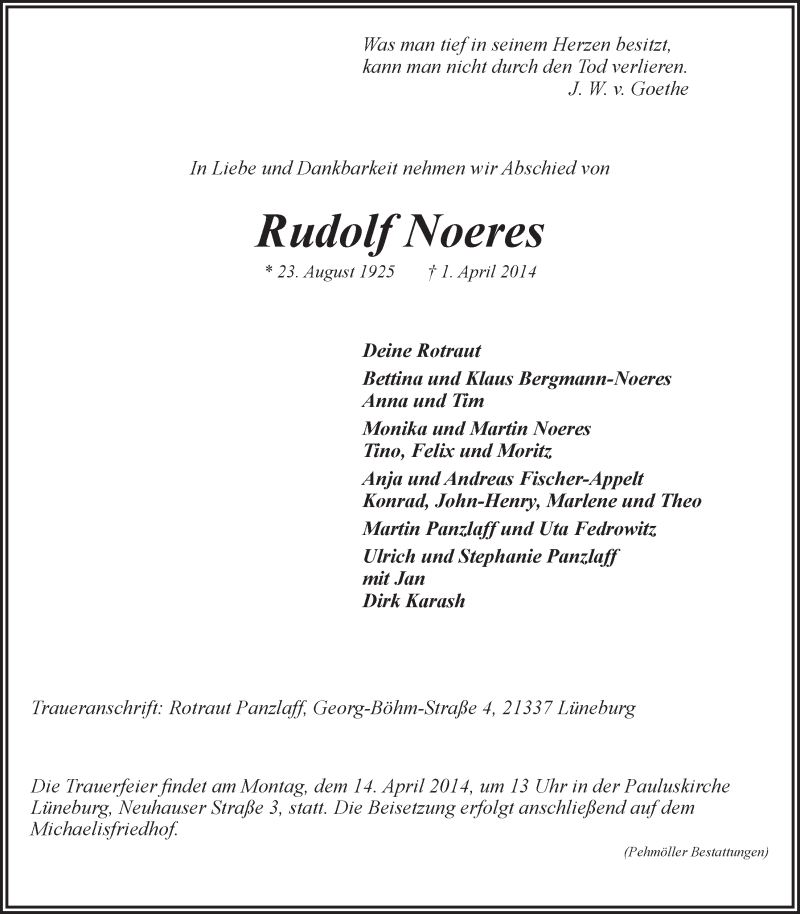  Traueranzeige für Rudolf Noeres vom 08.04.2014 aus LZ