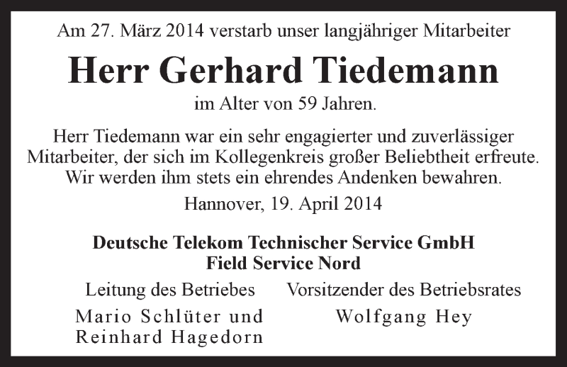  Traueranzeige für Gerhard Tiedemann vom 19.04.2014 aus LZ