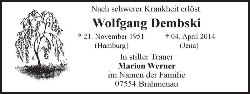  Traueranzeige für Wolfgang Dembski vom 12.04.2014 aus LZ