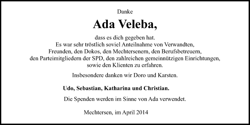  Traueranzeige für Adelheid Veleba vom 12.04.2014 aus LZ