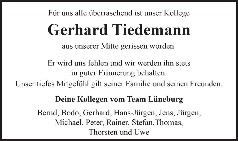  Traueranzeige für Gerhard Tiedemann vom 19.04.2014 aus LZ