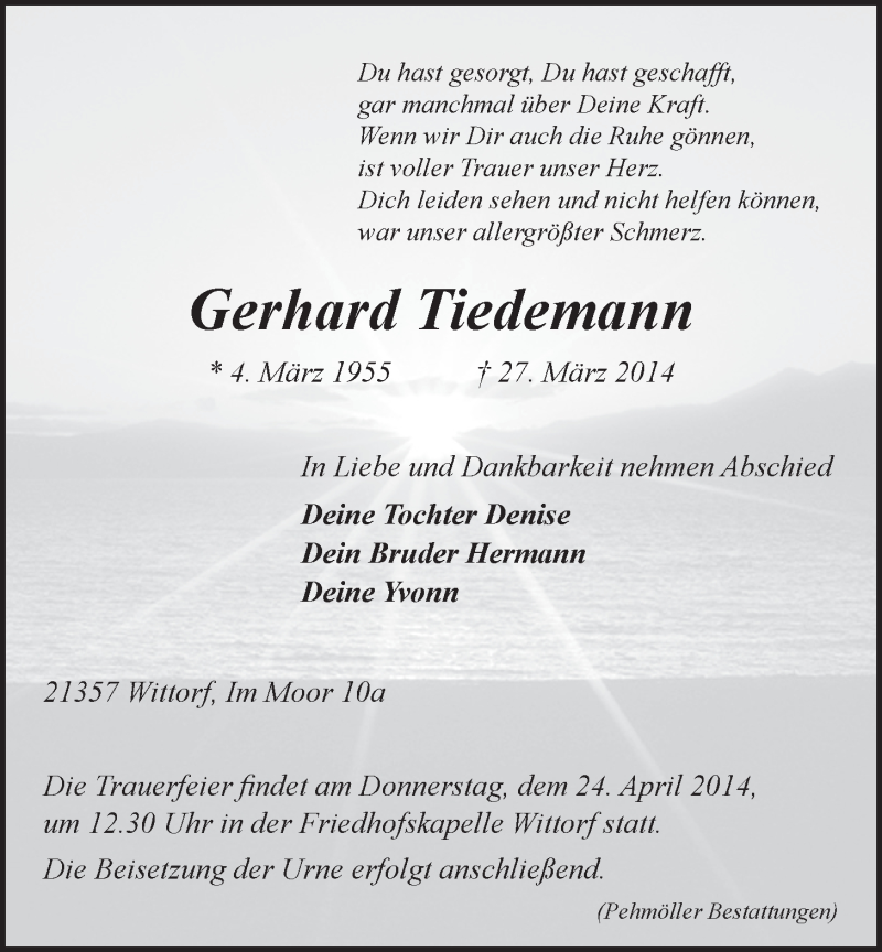  Traueranzeige für Gerhard Tiedemann vom 19.04.2014 aus LZ