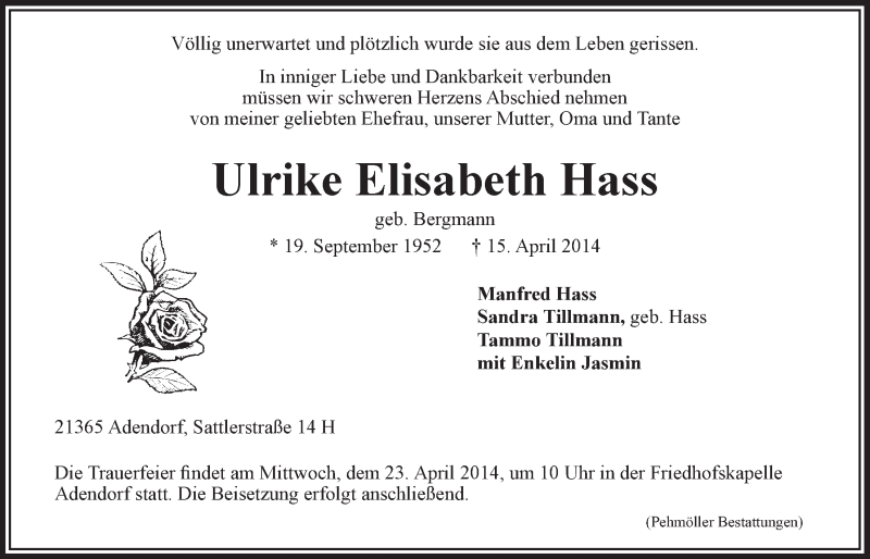  Traueranzeige für Ulrike Elisabeth Hass vom 19.04.2014 aus LZ