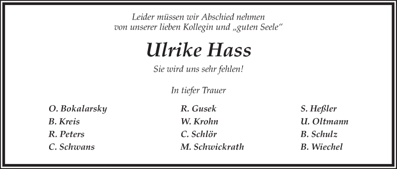  Traueranzeige für Ulrike Elisabeth Hass vom 19.04.2014 aus LZ