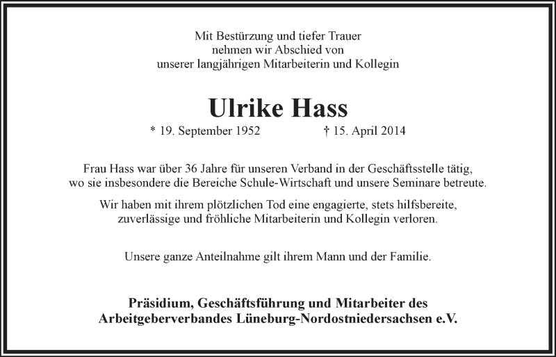  Traueranzeige für Ulrike Elisabeth Hass vom 19.04.2014 aus LZ
