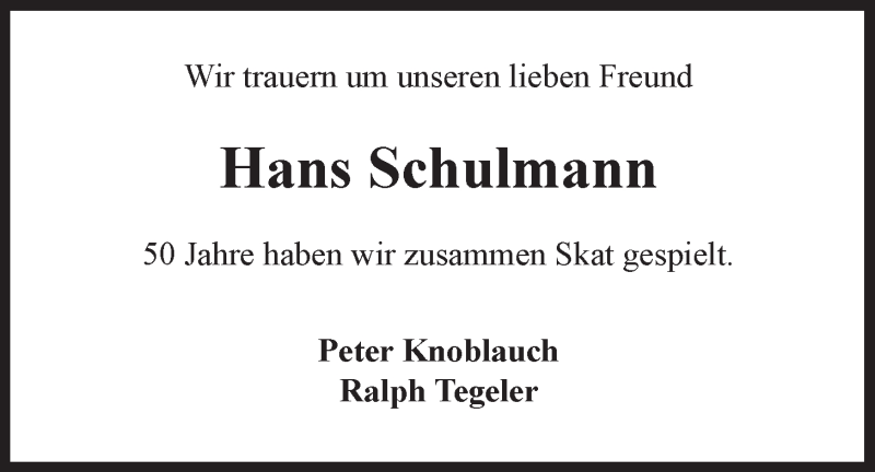  Traueranzeige für Hans Schulmann vom 26.04.2014 aus LZ