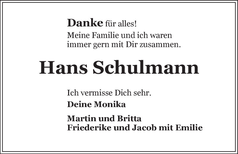  Traueranzeige für Hans Schulmann vom 26.04.2014 aus LZ