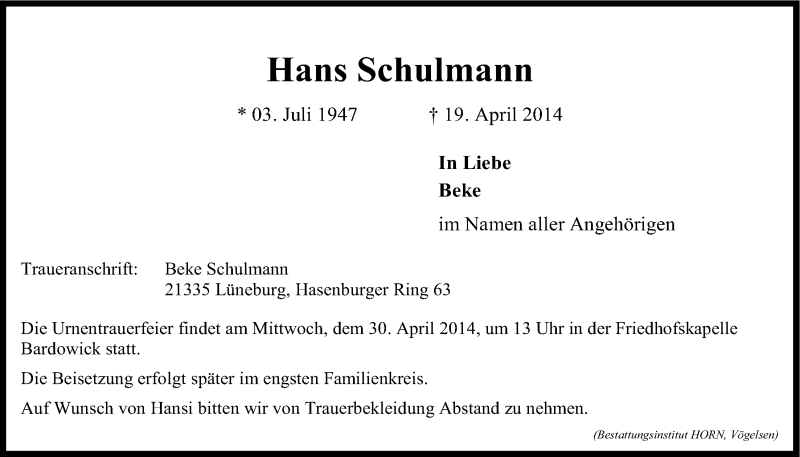  Traueranzeige für Hans Schulmann vom 26.04.2014 aus LZ