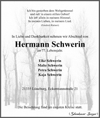 Anzeige von Hermann Schwerin von LZ