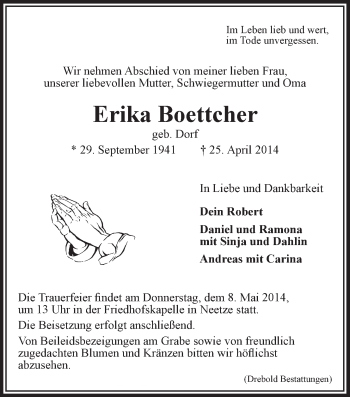 Anzeige von Erika Boettcher von LZ