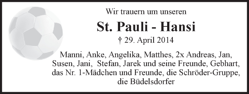  Traueranzeige für Hans Saucke vom 12.05.2014 aus LZ