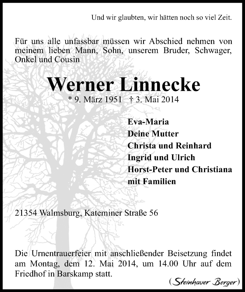  Traueranzeige für Werner Linnecke vom 07.05.2014 aus LZ
