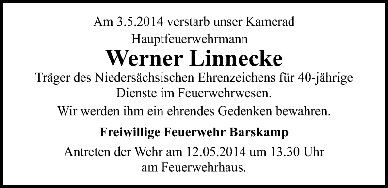  Traueranzeige für Werner Linnecke vom 07.05.2014 aus LZ