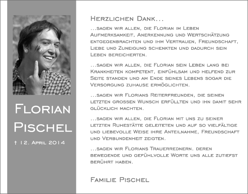  Traueranzeige für Florian Pischel vom 10.05.2014 aus LZ