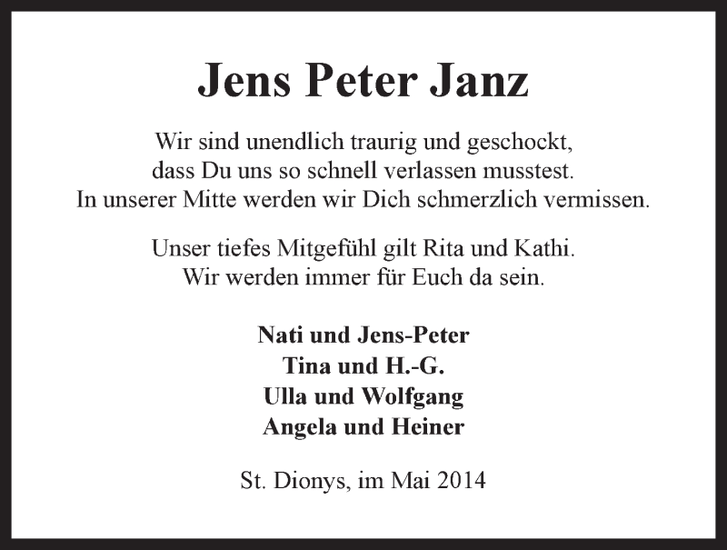  Traueranzeige für Jens Peter Janz vom 17.05.2014 aus LZ