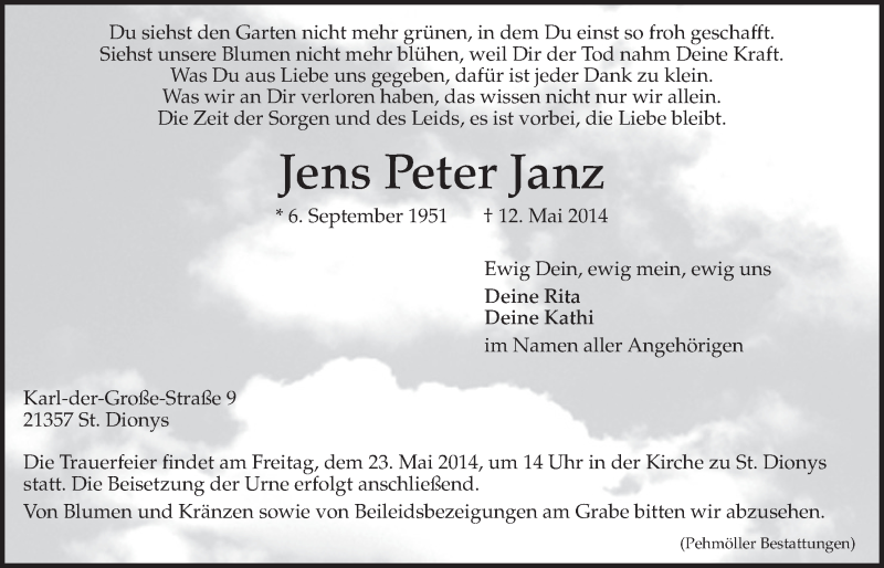  Traueranzeige für Jens Peter Janz vom 17.05.2014 aus LZ