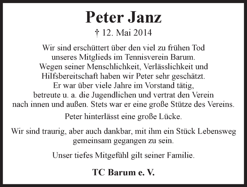  Traueranzeige für Jens Peter Janz vom 17.05.2014 aus LZ