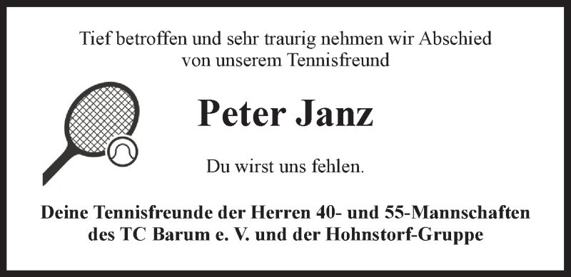  Traueranzeige für Jens Peter Janz vom 17.05.2014 aus LZ