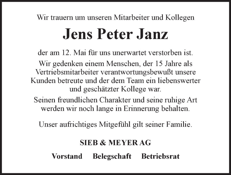  Traueranzeige für Jens Peter Janz vom 17.05.2014 aus LZ