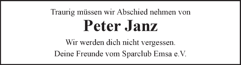  Traueranzeige für Jens Peter Janz vom 19.05.2014 aus LZ