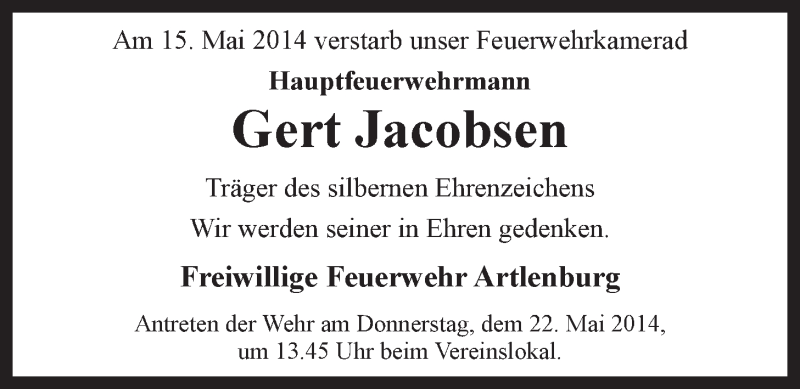  Traueranzeige für Gert Jacobsen vom 19.05.2014 aus LZ