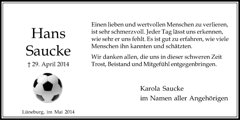  Traueranzeige für Hans Saucke vom 24.05.2014 aus LZ