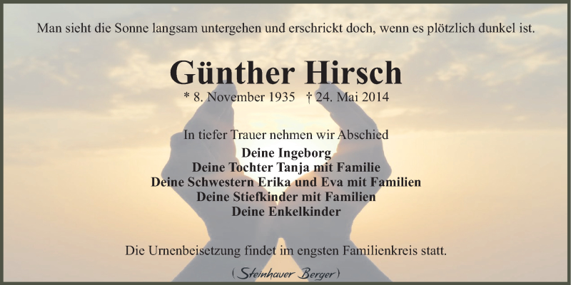  Traueranzeige für Günther Hirsch vom 28.05.2014 aus LZ