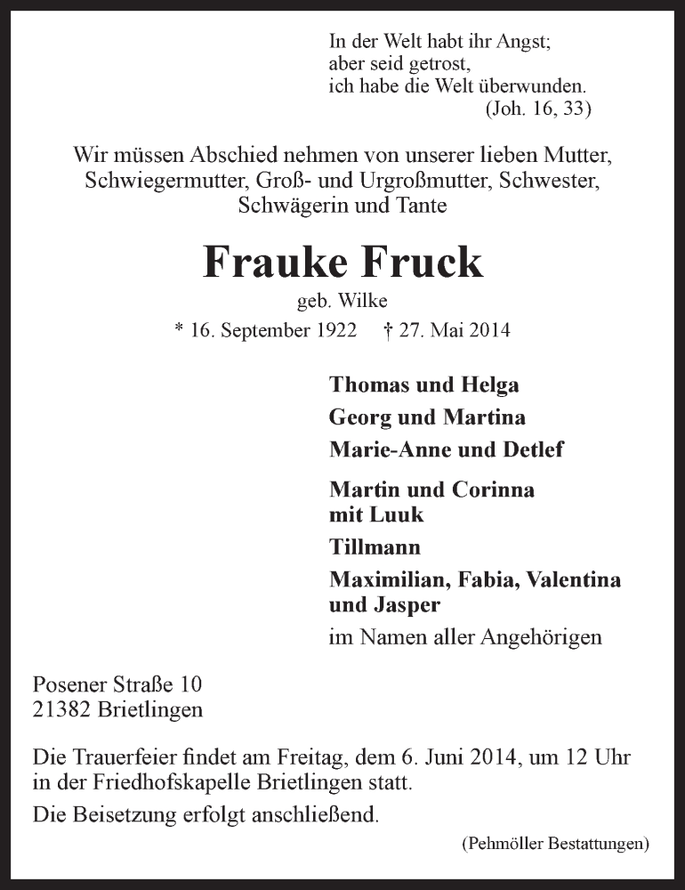  Traueranzeige für Frauke Fruck vom 31.05.2014 aus LZ