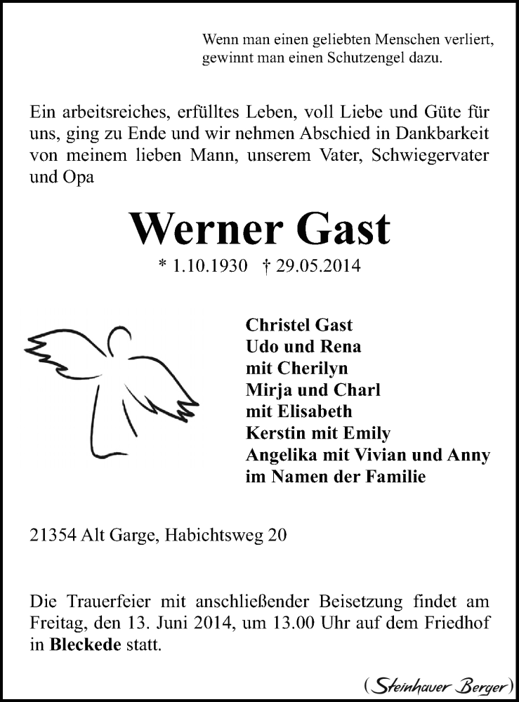  Traueranzeige für Werner Gast vom 07.06.2014 aus LZ