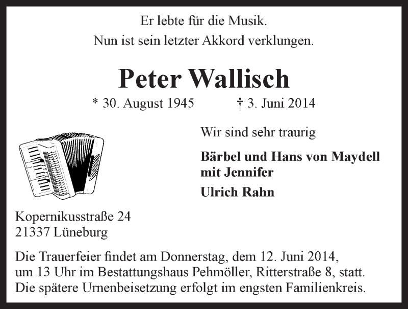  Traueranzeige für Peter Wallisch vom 06.06.2014 aus LZ