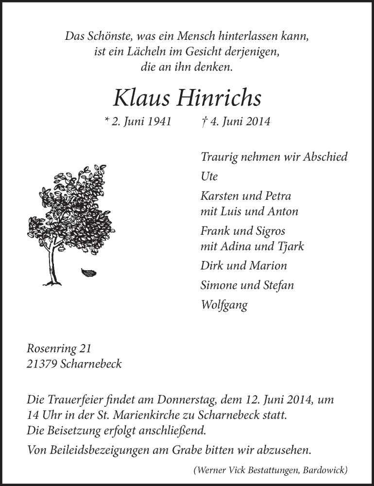  Traueranzeige für Klaus Hinrichs vom 07.06.2014 aus LZ