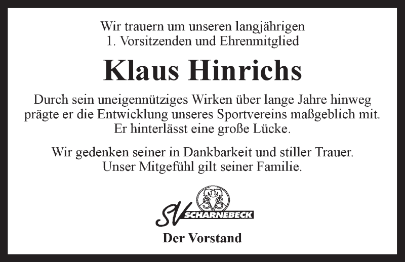  Traueranzeige für Klaus Hinrichs vom 07.06.2014 aus LZ