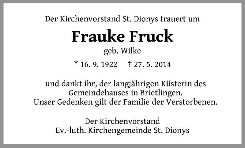  Traueranzeige für Frauke Fruck vom 10.06.2014 aus LZ