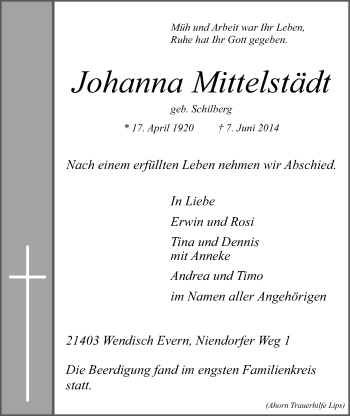 Anzeige von Johanna Mittelstädt von LZ