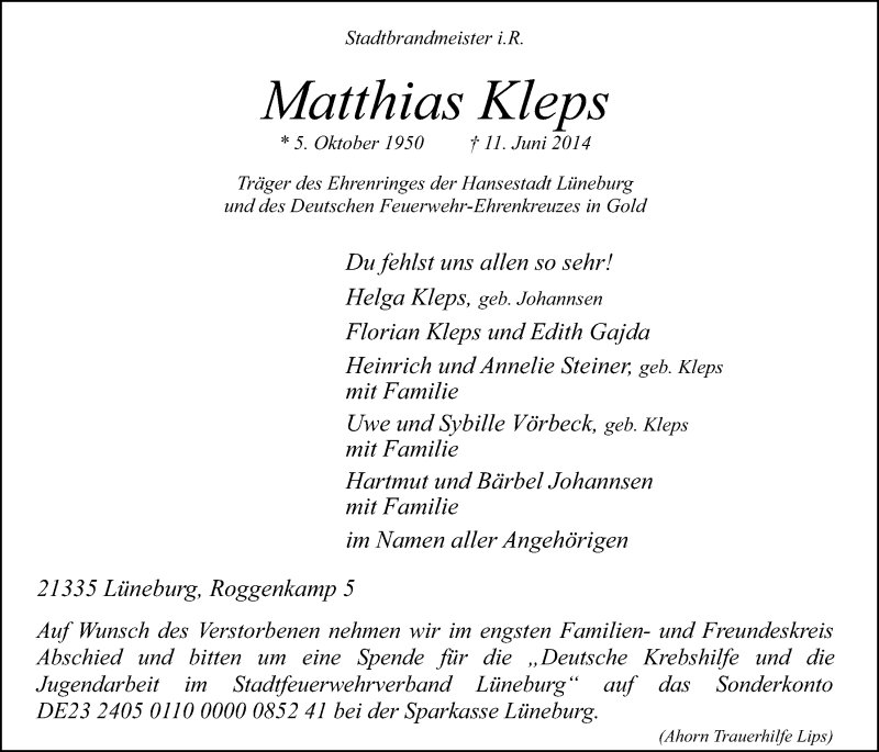  Traueranzeige für Matthias Kleps vom 14.06.2014 aus LZ