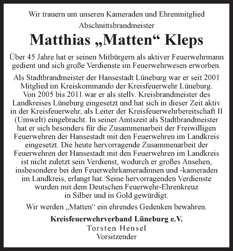  Traueranzeige für Matthias Kleps vom 14.06.2014 aus LZ