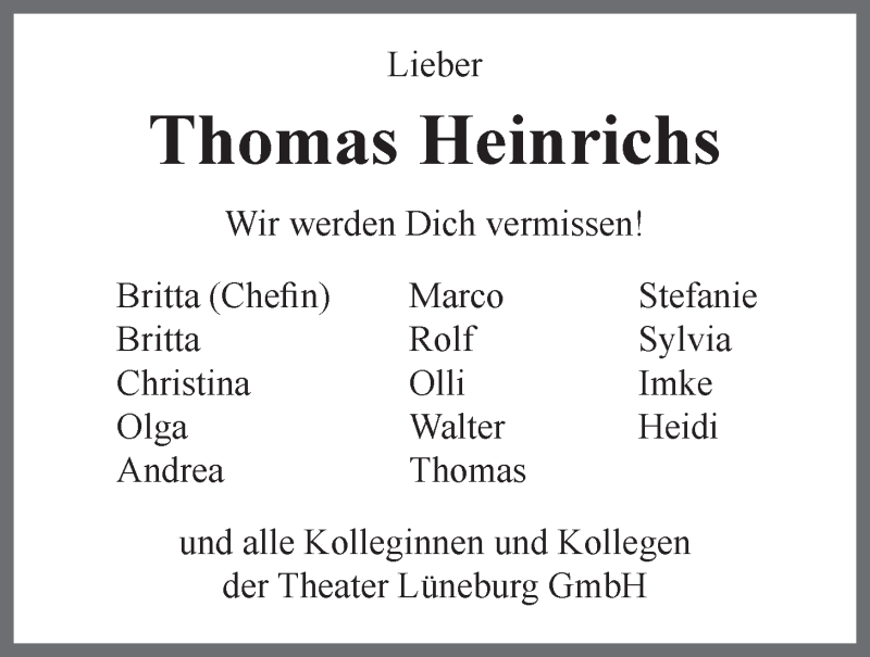  Traueranzeige für Thomas Heinrichs vom 14.06.2014 aus LZ