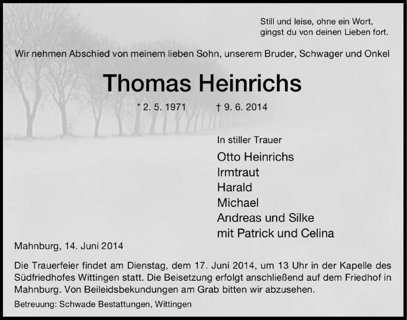  Traueranzeige für Thomas Heinrichs vom 14.06.2014 aus LZ