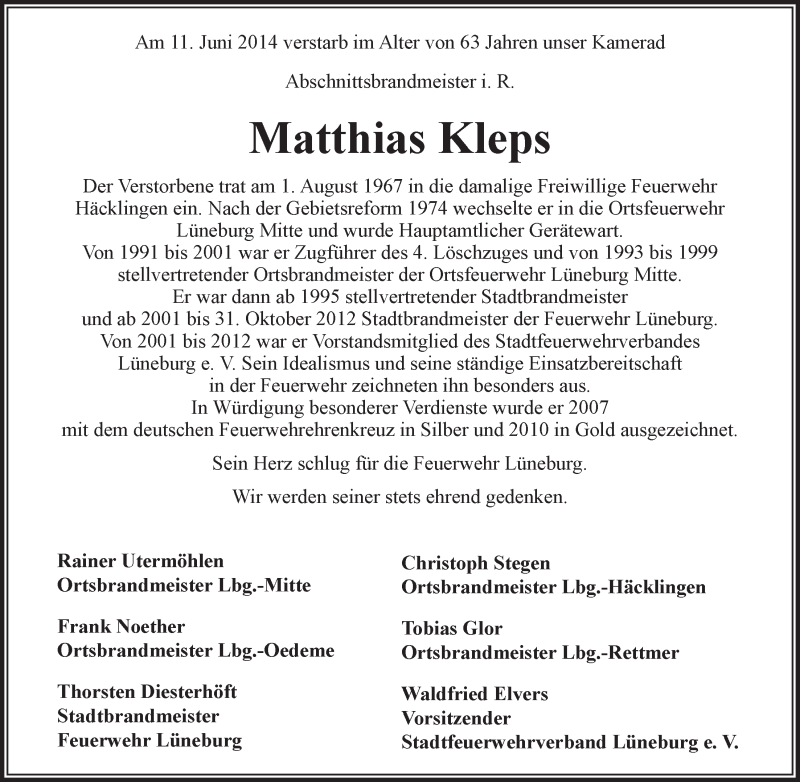  Traueranzeige für Matthias Kleps vom 14.06.2014 aus LZ