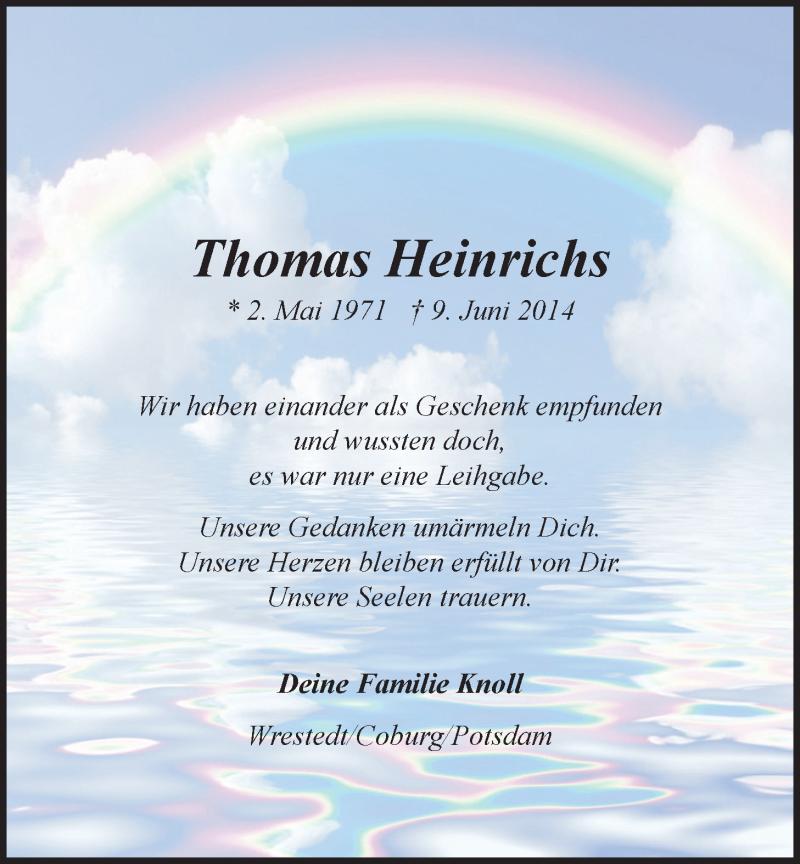  Traueranzeige für Thomas Heinrichs vom 14.06.2014 aus LZ